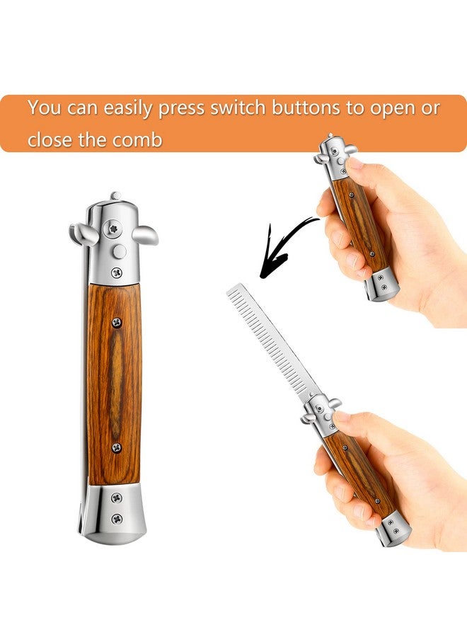 Chengu 2 Pieces Wood Grain Switchblade Blade Comb Pocket Hair Brush Automatic Push Button Brush And Folding Butterfly Comb Stainless Steel Training Practice Comb Outdoor Practice Comb (Black) - Image 5