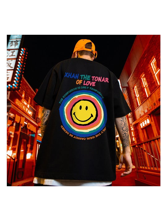 Generic - Trendy Smiley Face Mens Short Sleeve T-Shirt Loose Fit Casual Style Extra Large Size For Spring And Autumn 1856 black - Image 1