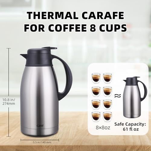 GiNT Stainless Steel Thermal Coffee Carafe, Double Walled Vacuum Water and Beverage Dispenser, 12 Hour Heat Retention, 65 OZ /1.9 Liter, Silver - Image 3