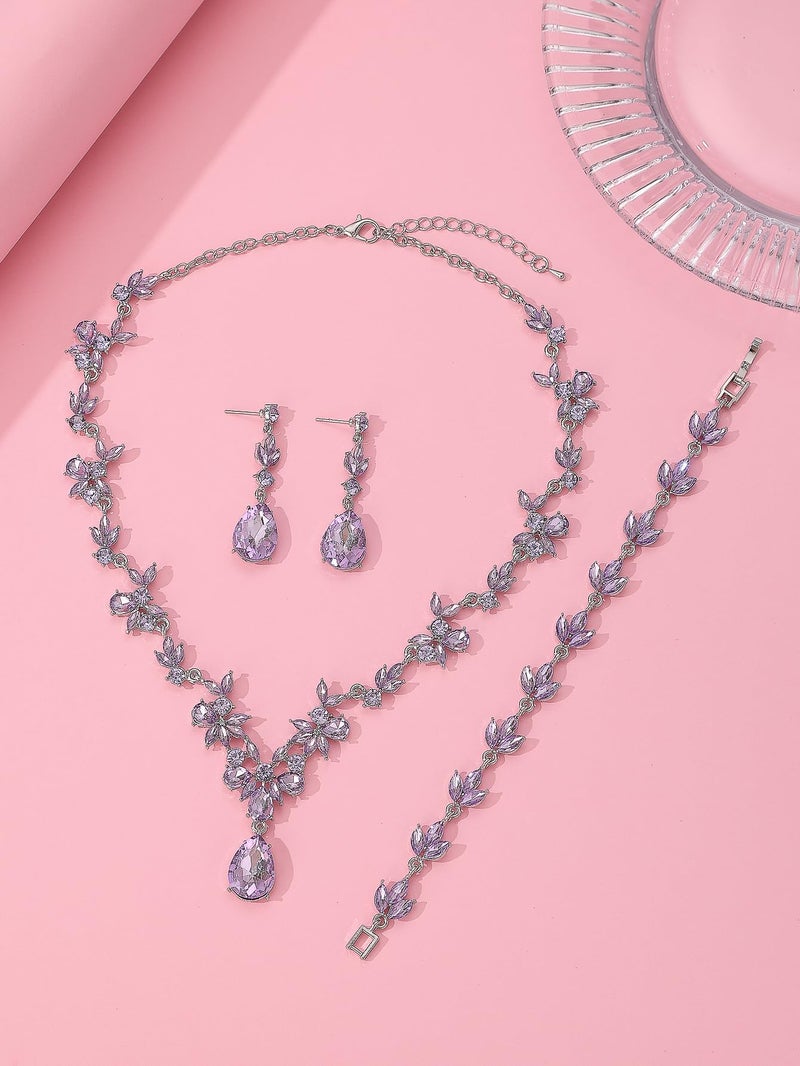 Paxuan Bridal Wedding Elegant Floral Jewelry Set for Women/Brides/Bridesmaids Crystal Jewelry Set for Wedding Prom Party Bridal Crystal Necklace Earrings Bracelet Set - Image 5
