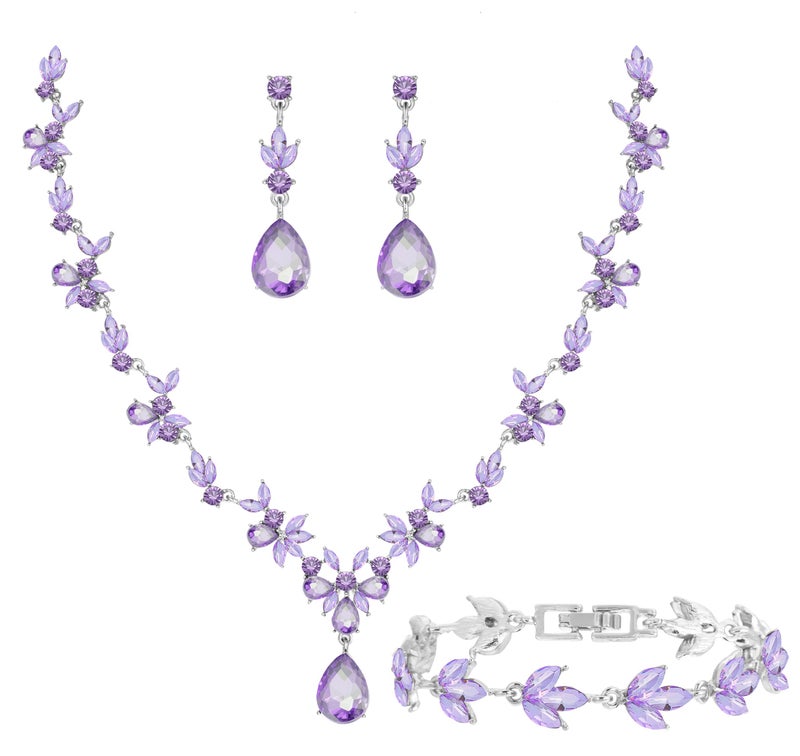 Paxuan Bridal Wedding Elegant Floral Jewelry Set for Women/Brides/Bridesmaids Crystal Jewelry Set for Wedding Prom Party Bridal Crystal Necklace Earrings Bracelet Set - Image 1