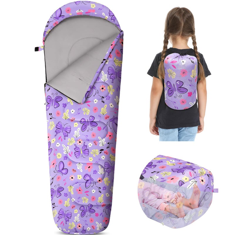 FIOBEE Kids Sleeping Bag for Girls Boys 3 Season Warm Cool Weather 41608 Camping Sleeping Bags with Backpacking Bag for Traveling Hiking Indoor Outdoor Camping Essentials Gear Purple Butterfly - Image 2