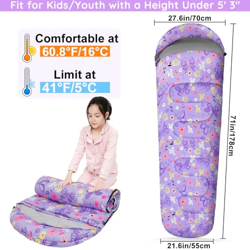 FIOBEE Kids Sleeping Bag for Girls Boys 3 Season Warm Cool Weather 41608 Camping Sleeping Bags with Backpacking Bag for Traveling Hiking Indoor Outdoor Camping Essentials Gear Purple Butterfly - Image 3