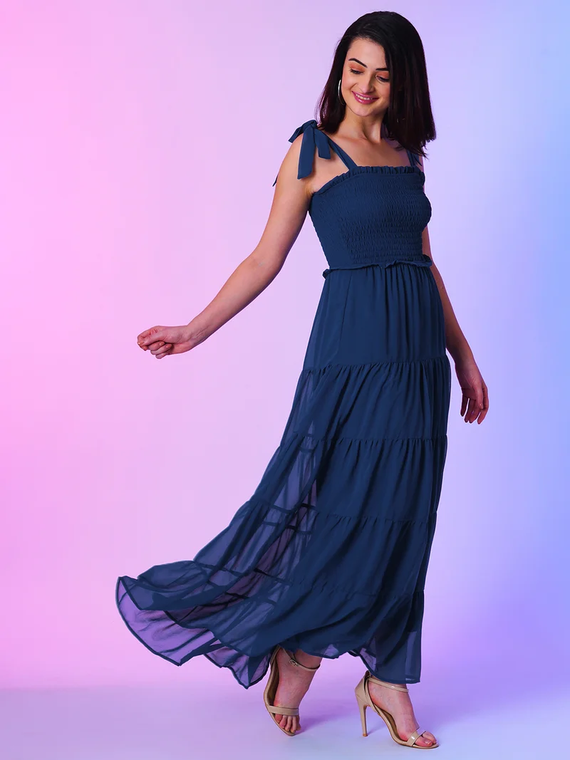 globus Globus Women Blue Shoulder Straps Smocked Georgette Tiered Fit And Flare Maxi Dress