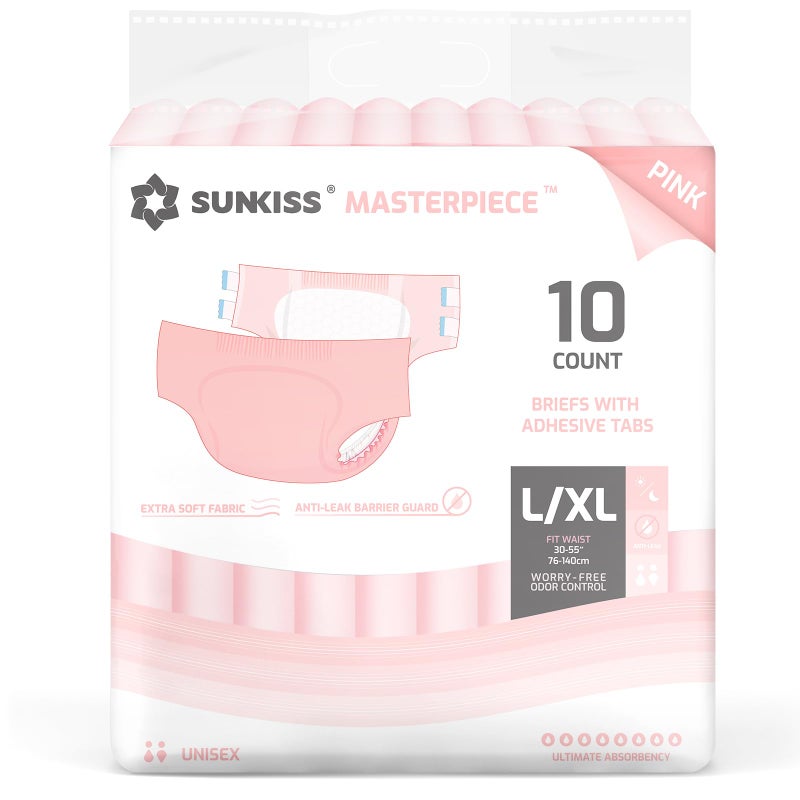 SUNKISS Masterpiece Adult Diapers with Tabs, Unisex Disposable Incontinence Briefs for Women and Men, Odor Control, Pink, Large/XLarge, Previously Large,10 Count - Image 1