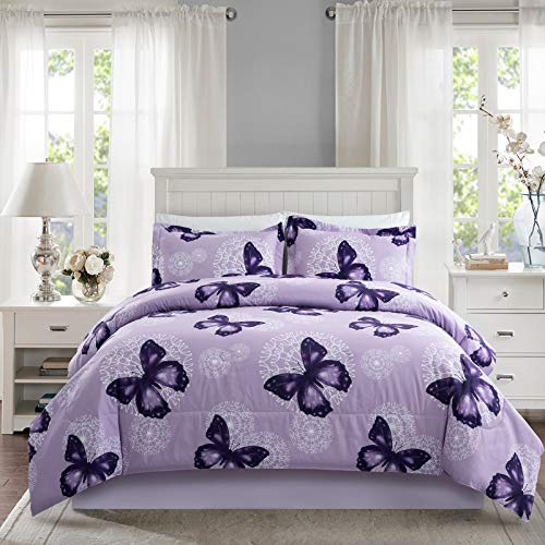 ARTALL Lightweight Microfiber 3 Piece Comforter Set with 2 Shams Butterfly Pattern Bedding Set FullQueen Purple