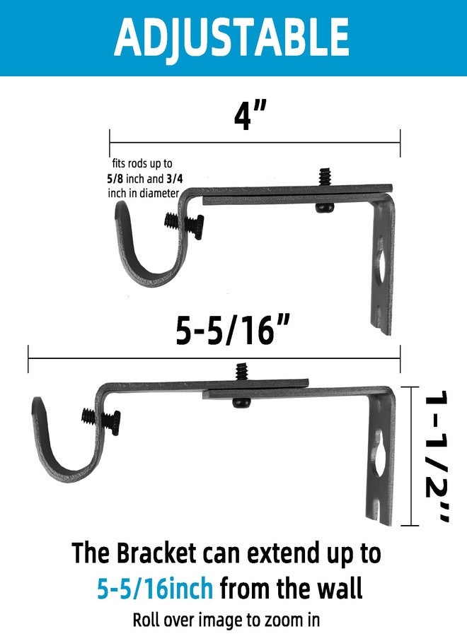 Kowibcl Adjustable Curtain Rod Bracket, Set of 4, Fits up to 3/4 inch Rods,Extendable Single Curtain Rod Holder for Wall,Pewter - Image 2