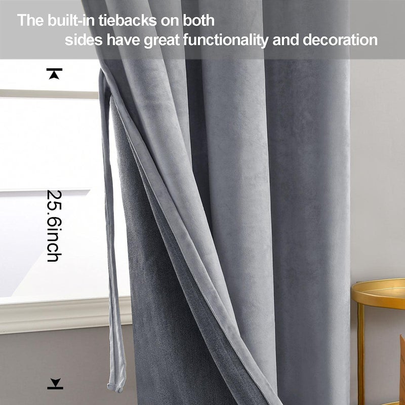 JIUZHEN Grey Velvet Curtains 84 inches for Living Room - Thermal Insualted Room Darkening Grommet Thick Velvet Window Drapes for Bedroom/Dining Room  Set of 2 with Tiebacks  W52 x L84 - Image 3