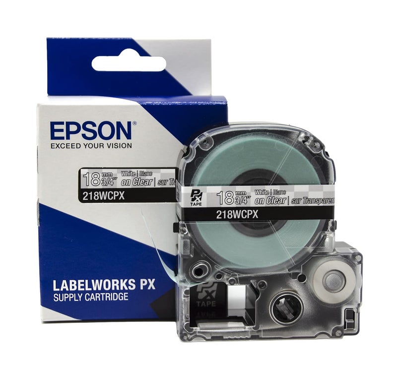 LABELWORKS Epson LABELWORKS 218WCPX Genuine PET (Polyester) Tape Cartridge - White on Clear Label Maker Tape - 3/4" (18MM) Wide, 30' - Image 1