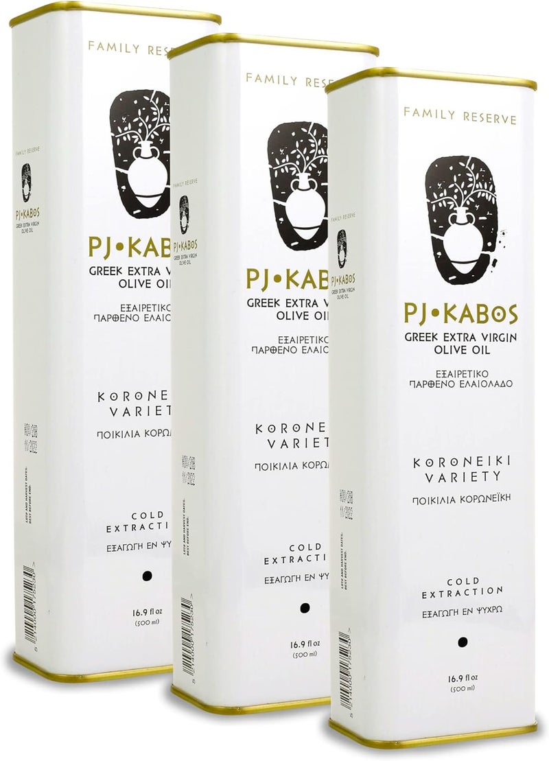 P.J. KABOS زيت الزيتون البكر الممتاز اليوناني P.J. KABOS 2024/25 - عالي الفينول، مستخرج بارد، 3 × 16.9 أونصة علب، نوع كورونيكي - Image 1