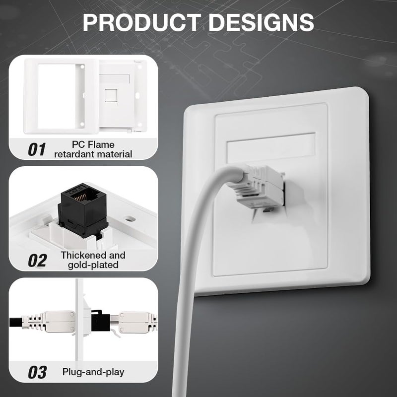 OFFCUP مقبس شبكة جيجابت CAT6، مقابس حائط RJ45 أحادية المنفذ، لوحة واجهة إيثرنت CAT6 مع موديول مقبس كيستون لتركيب كابل الإيثرنت، 86x86 مم (منفذ واحد) - Image 3