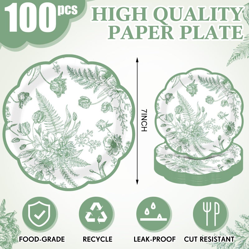 Funnymoom 100 Pcs Sage Green Floral Paper Plates 7 Inches Vintage Floral Disposable Dinner Plates Wildflower Party Decorations for Tea Party Birthday Bridal Wedding Shower Party Picnic Supplies - Image 1