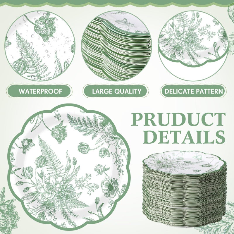 Funnymoom 100 Pcs Sage Green Floral Paper Plates 7 Inches Vintage Floral Disposable Dinner Plates Wildflower Party Decorations for Tea Party Birthday Bridal Wedding Shower Party Picnic Supplies - Image 2