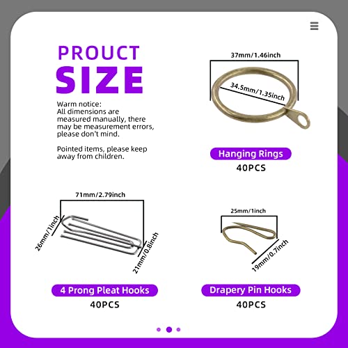 Swpeet 120Pcs Bronze 135 Inch 30mm Metal Drapery Curtain Rings Curtain Hanging Rings and Stainless Steel 4 Prongs Pinch Pleat Hook with Drapery Curtain Pinon Hooks Pins for Window Shower Curtain - Image 3