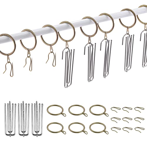 Swpeet 120Pcs Bronze 135 Inch 30mm Metal Drapery Curtain Rings Curtain Hanging Rings and Stainless Steel 4 Prongs Pinch Pleat Hook with Drapery Curtain Pinon Hooks Pins for Window Shower Curtain - Image 1