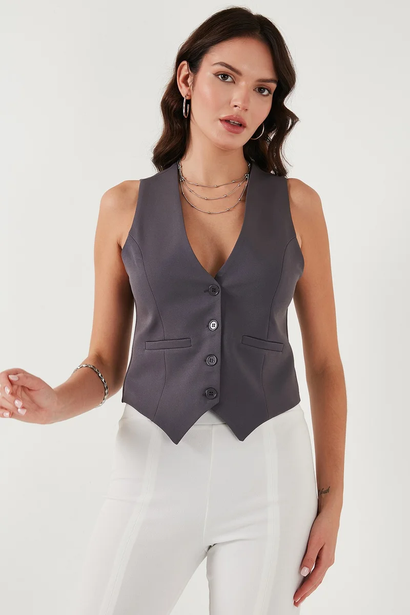 Lela Fitted Fit Buttoned V Neck Buttoned Vest Women's Vest 6696796