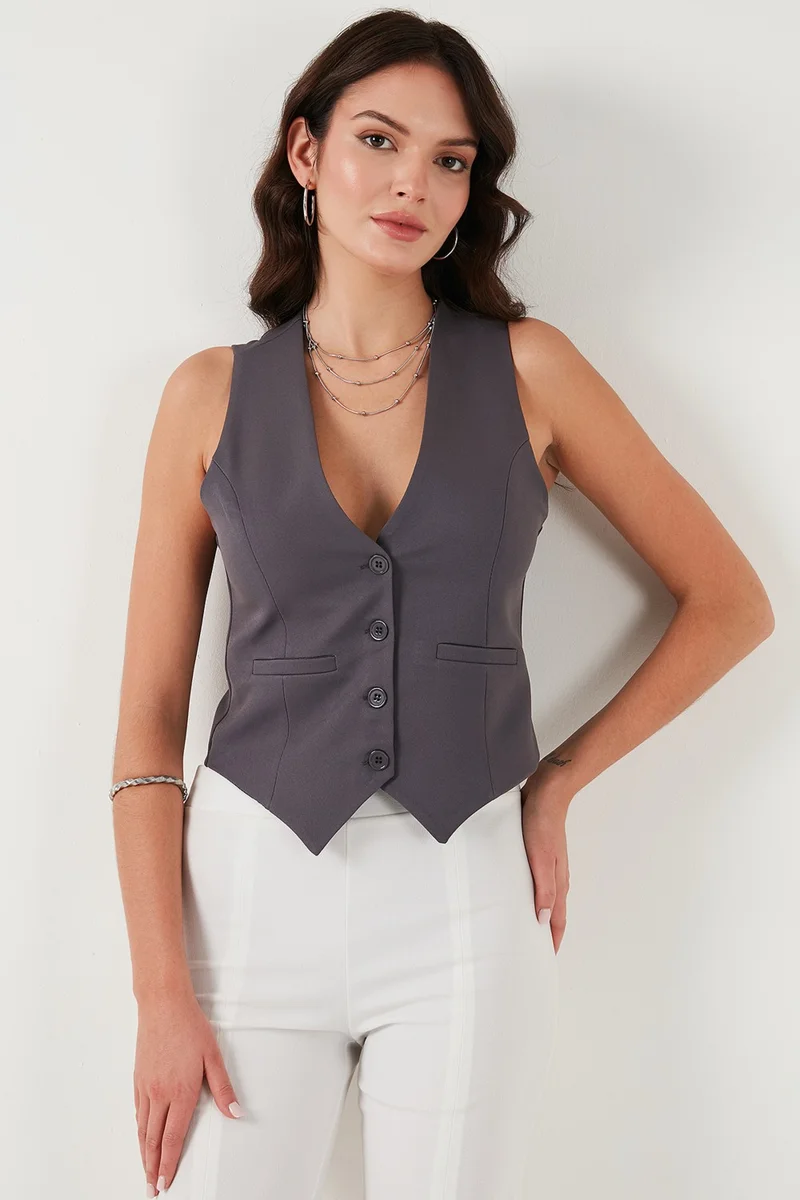 Lela Fitted Fit Buttoned V Neck Buttoned Vest Women's Vest 6696796