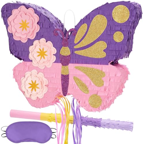 WERNNSAI Butterfly Piata Butterfly Birthday Party Supplies Piata with Stick and Blindfold for Girls Kids Pull String Piata Family Games Classroom Birthday Party Decorations 164 x 124 - Image 1