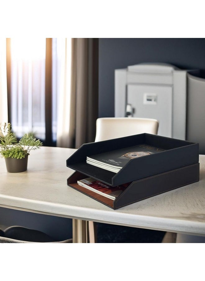 UnionBasic Stackable Document Paper Letter Tray, Faux Leather Desktop File Sorter Organizer Tray, Brown  - Image 4