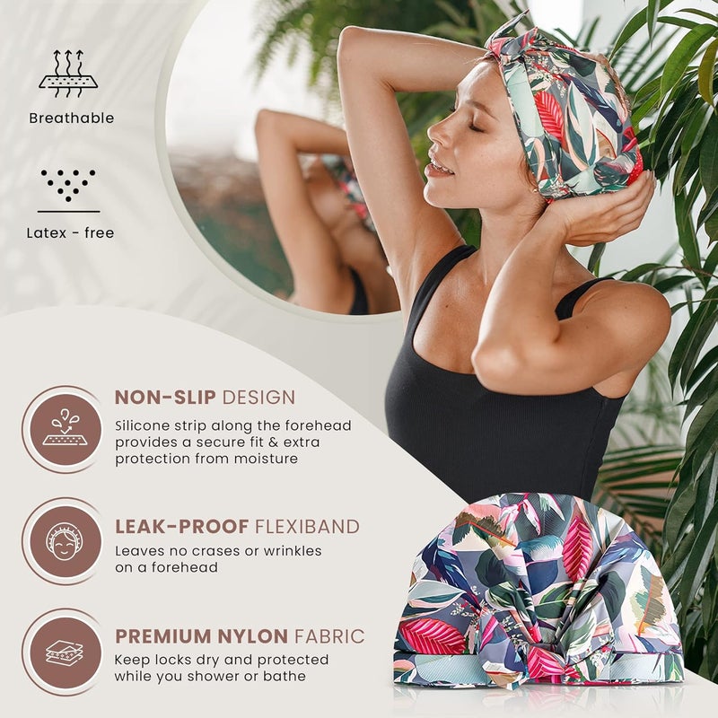 SMPL objects Reusable Shower Cap for Women Reusable Waterproof – Leakproof, Nonslip Hair Cap for Shower Flexiband – Soft, Breathable, Durable Christmas Shower Caps by (Tropical) - Image 2
