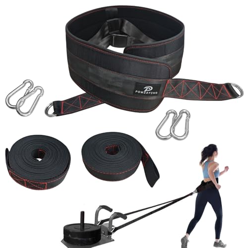 powerfeng Sled Pulling Belt for Pulling Backwards: Adjustable Sled Belts for Resistance Training Strength Training & Agility Training with 2 Sled Pulling Straps & 4 Hooks - Image 1