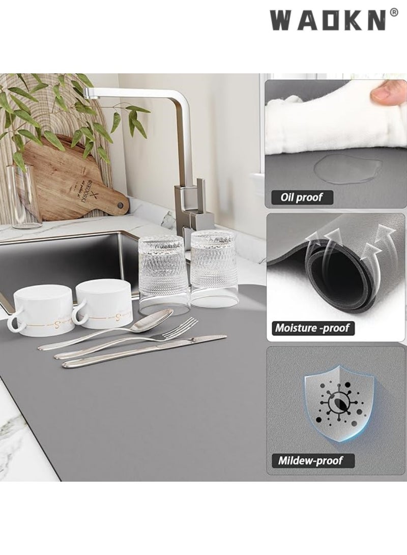 دبليو أيه أو كي أن سجادة تجفيف أطباق المطبخ، سجادة تصريف مقاومة للحرارة مع دعامة مطاطية مانعة للانزلاق، تخفي البقع، سجادة تصريف فائقة الامتصاص للمطبخ، سجادة سهلة التنظيف لرف الأطباق، رمادي - Image 3