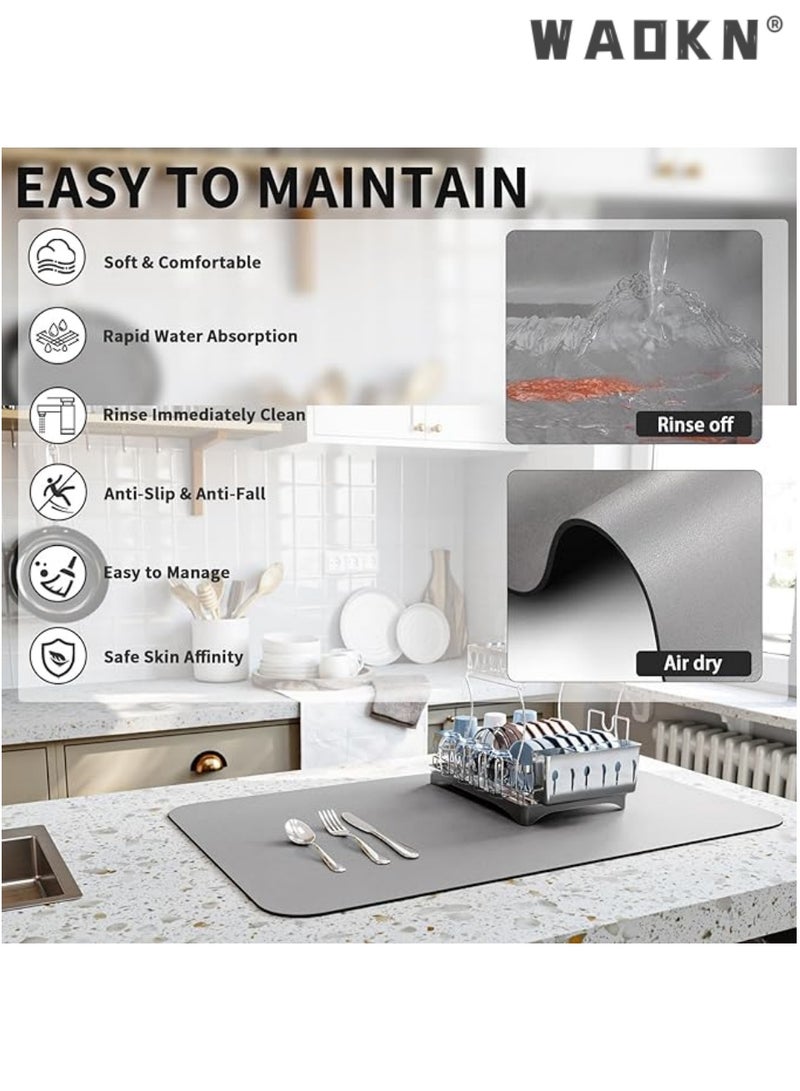 دبليو أيه أو كي أن سجادة تجفيف أطباق المطبخ، سجادة تصريف مقاومة للحرارة مع دعامة مطاطية مانعة للانزلاق، تخفي البقع، سجادة تصريف فائقة الامتصاص للمطبخ، سجادة سهلة التنظيف لرف الأطباق، رمادي - Image 4