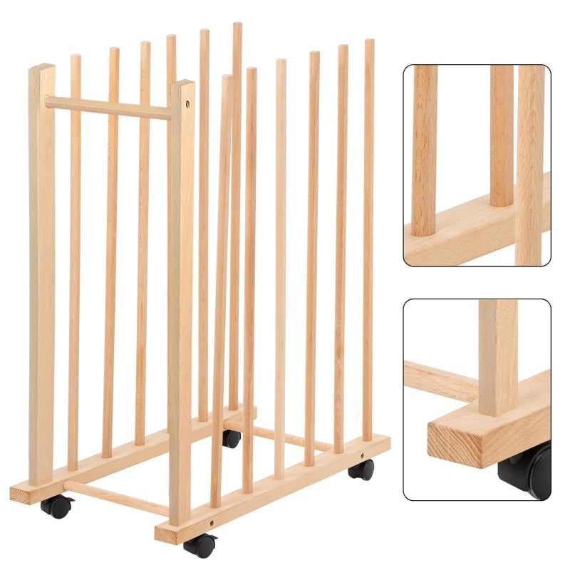Large Art Drying Rack with Four Caster Wheels and Handle  Solid Wooden Canvas Storage Stand for Drawing Boards Frames Panels Paintings and Artworks Display