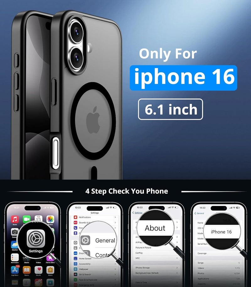 Vansdon Magnetic for iPhone 16 Case with 1 Protective Glass, Compatible with Magsafe, Military Standard Drop Protection, Translucent Matte Back, Shockproof Mobile Phone Case for iPhone 16 Case, Black - Image 4