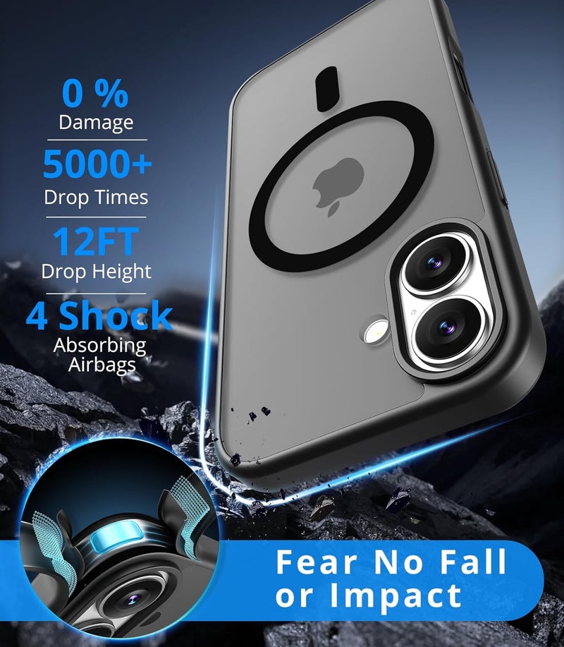 Vansdon Magnetic for iPhone 16 Case with 1 Protective Glass, Compatible with Magsafe, Military Standard Drop Protection, Translucent Matte Back, Shockproof Mobile Phone Case for iPhone 16 Case, Black - Image 2