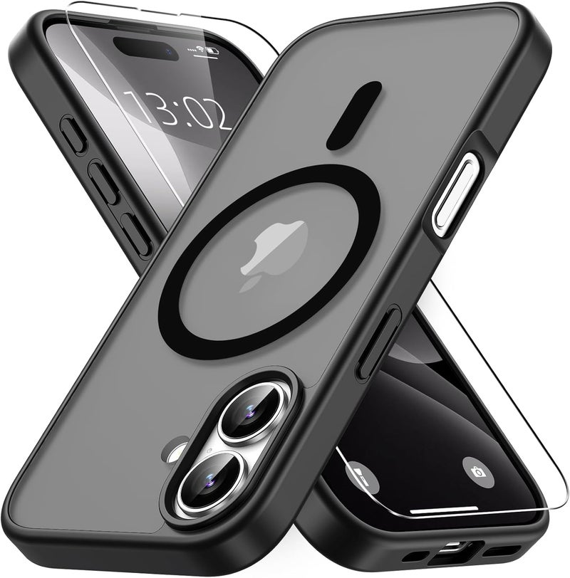 Vansdon Magnetic for iPhone 16 Case with 1 Protective Glass, Compatible with Magsafe, Military Standard Drop Protection, Translucent Matte Back, Shockproof Mobile Phone Case for iPhone 16 Case, Black - Image 1