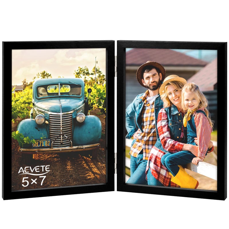 AEVETE 5x7 Picture Frames Double Hinged Wood Folding Photo Frames Vertical with Plexiglass Front Black