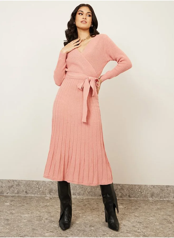ستايلي Textured Knit Tie Belt Sweater Midi Dress