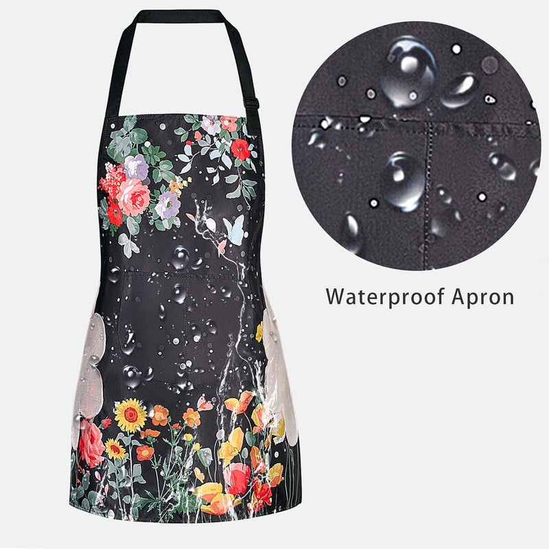 DILLMAN 2 Pack Floral Aprons with Pocket Blooming Womens Waterproof Adjustable Cooking Aprons Kitchen Gardening Salon - Image 4