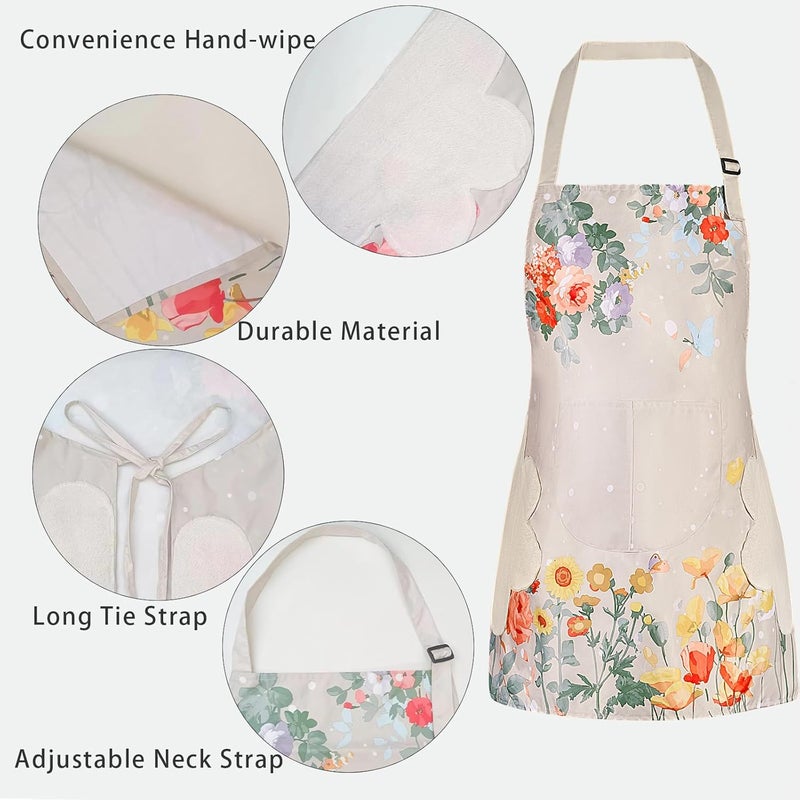DILLMAN 2 Pack Floral Aprons with Pocket Blooming Womens Waterproof Adjustable Cooking Aprons Kitchen Gardening Salon - Image 3