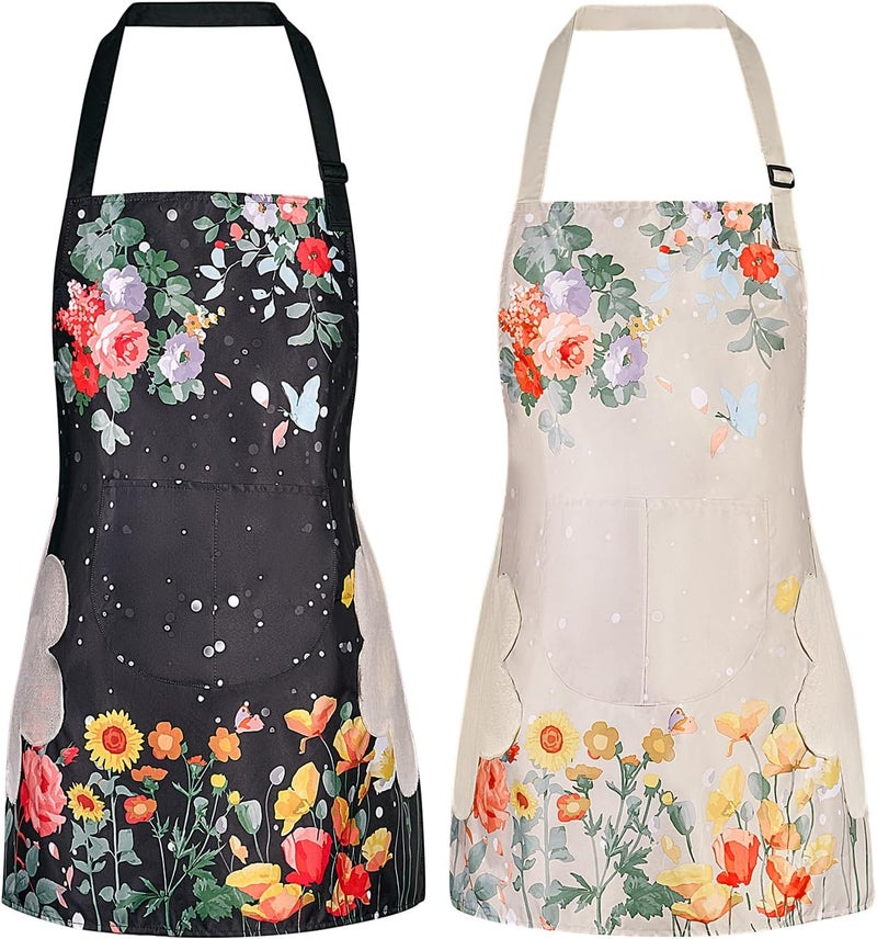 DILLMAN 2 Pack Floral Aprons with Pocket Blooming Womens Waterproof Adjustable Cooking Aprons Kitchen Gardening Salon - Image 1