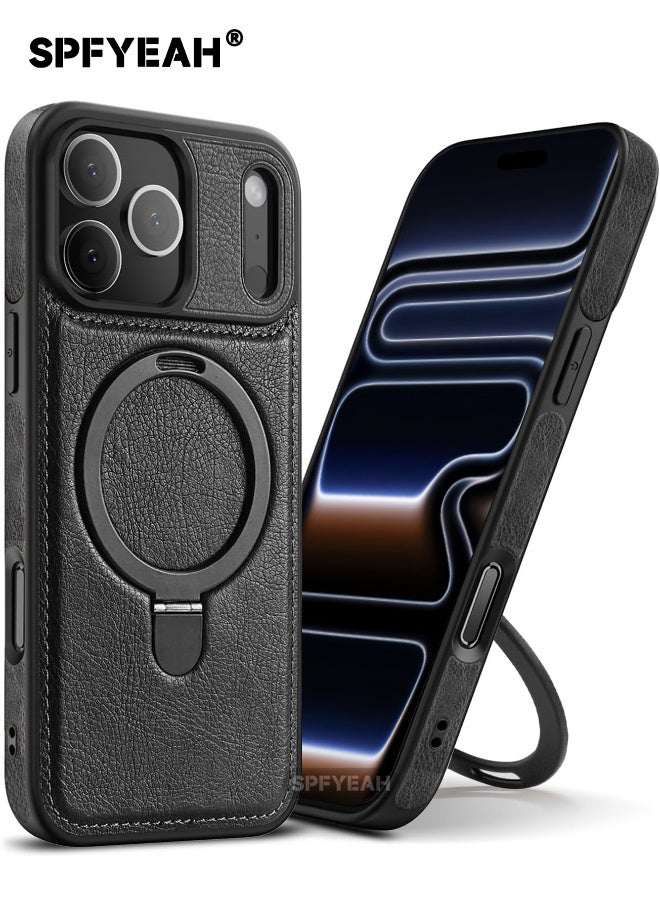 SPFYEAH Magnetic for iPhone 17 Pro Max Leather Case, Invisible Stand [Compatible with Magsafe] Luxury, Elegant, and Beautiful Design Cover, Non-Slip Vintage Looking Slim Kickstand Phone Cover, Black - Image 1