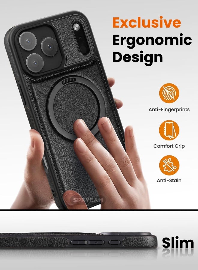 SPFYEAH Magnetic for iPhone 17 Pro Max Leather Case, Invisible Stand [Compatible with Magsafe] Luxury, Elegant, and Beautiful Design Cover, Non-Slip Vintage Looking Slim Kickstand Phone Cover, Black - Image 5