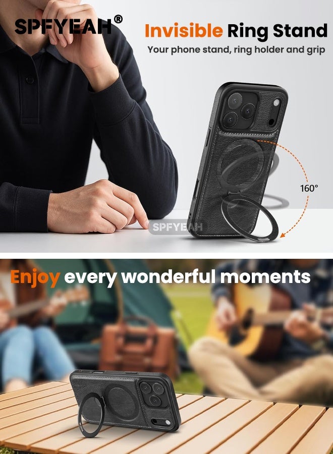 SPFYEAH Magnetic for iPhone 17 Pro Max Leather Case, Invisible Stand [Compatible with Magsafe] Luxury, Elegant, and Beautiful Design Cover, Non-Slip Vintage Looking Slim Kickstand Phone Cover, Black - Image 2