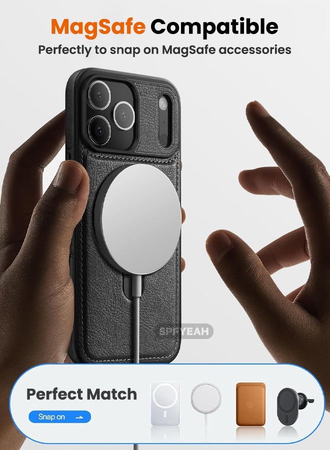 SPFYEAH Magnetic for iPhone 17 Pro Max Leather Case, Invisible Stand [Compatible with Magsafe] Luxury, Elegant, and Beautiful Design Cover, Non-Slip Vintage Looking Slim Kickstand Phone Cover, Black - Image 3