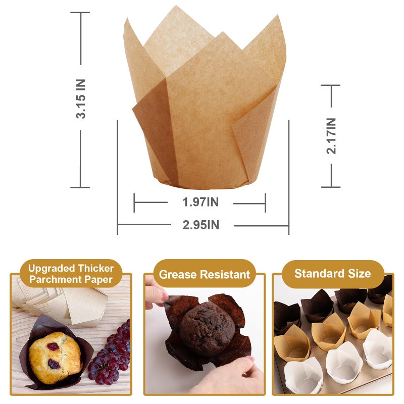 JIRNGLA 200pcs Tulip Cupcake Liners, Premium Muffin Liners Holders for Baking Cups, Greaseproof Cupcake Wrappers in Standard Size, Classic Parchment Paper Cupcake Liners for Party, Christmas by JIRNGLA - Image 2