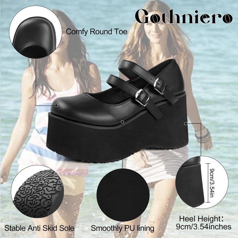 Gothniero Womens Black Platform Mary Janes Goth Lolita Chunky Heel Pumps Gothic Cute Dress Shoes for Women with Ankle Strap Size5.5-10 - Image 2
