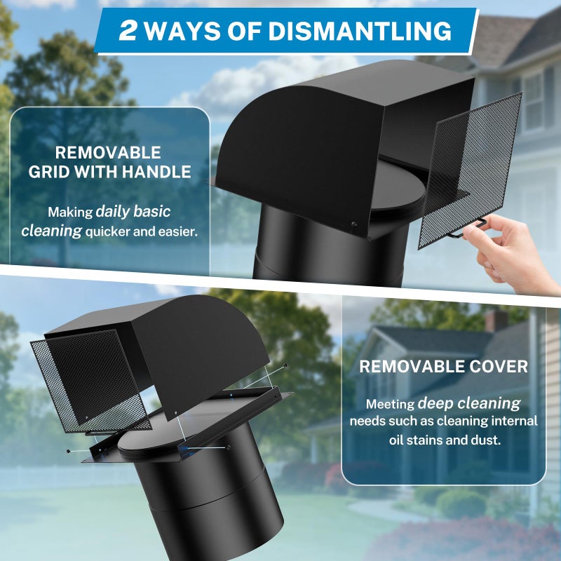 Hon&Guan [Upgraded] Hon&Guan 6 Inch Hooded Wall Vent with Removable Mesh and Cover, Arc-Shaped 6'' Exhaust Vent Cover Cap for Kitchen Range Hood/Dryer/Bathroom Exhaust(Galvanized Steel, Black) - Image 3