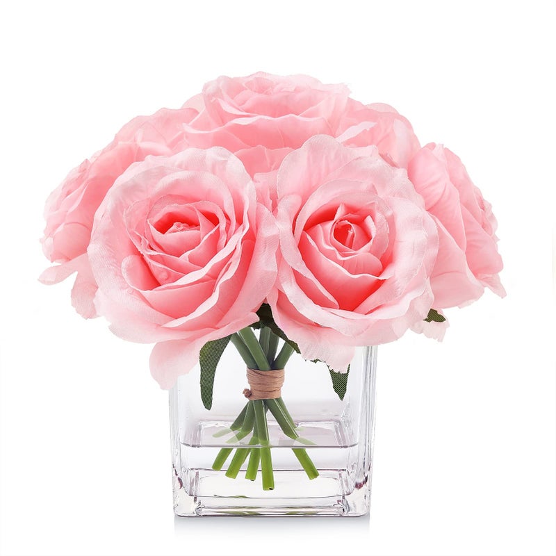 rubystory 7 Large Stem Pink Rose Artificial Flowers in Vase Fake Rose with Fake Flowers in Vase for Home Decor Wedding Table Pink