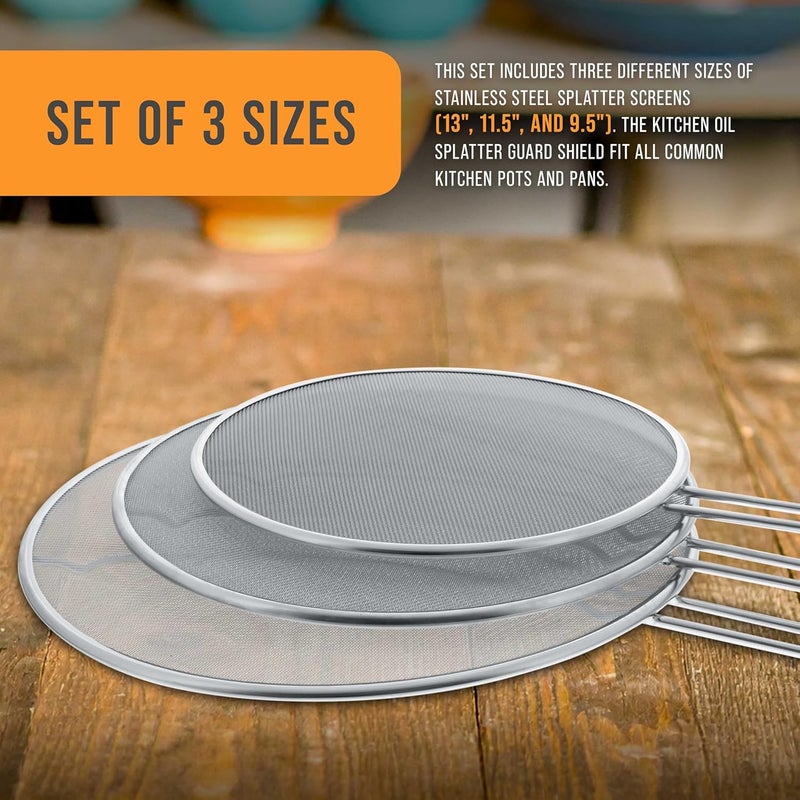 U.S. Kitchen Supply Set of 3 Stainless Steel Splatter Screen - 13", 11.5" & 9.5" Sizes - Fine Mesh Splatter Screen with Resting Feet Set, Grease Guard for Kitchen Pots and Pans - Image 2
