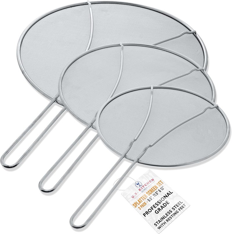 U.S. Kitchen Supply Set of 3 Stainless Steel Splatter Screen - 13", 11.5" & 9.5" Sizes - Fine Mesh Splatter Screen with Resting Feet Set, Grease Guard for Kitchen Pots and Pans - Image 1
