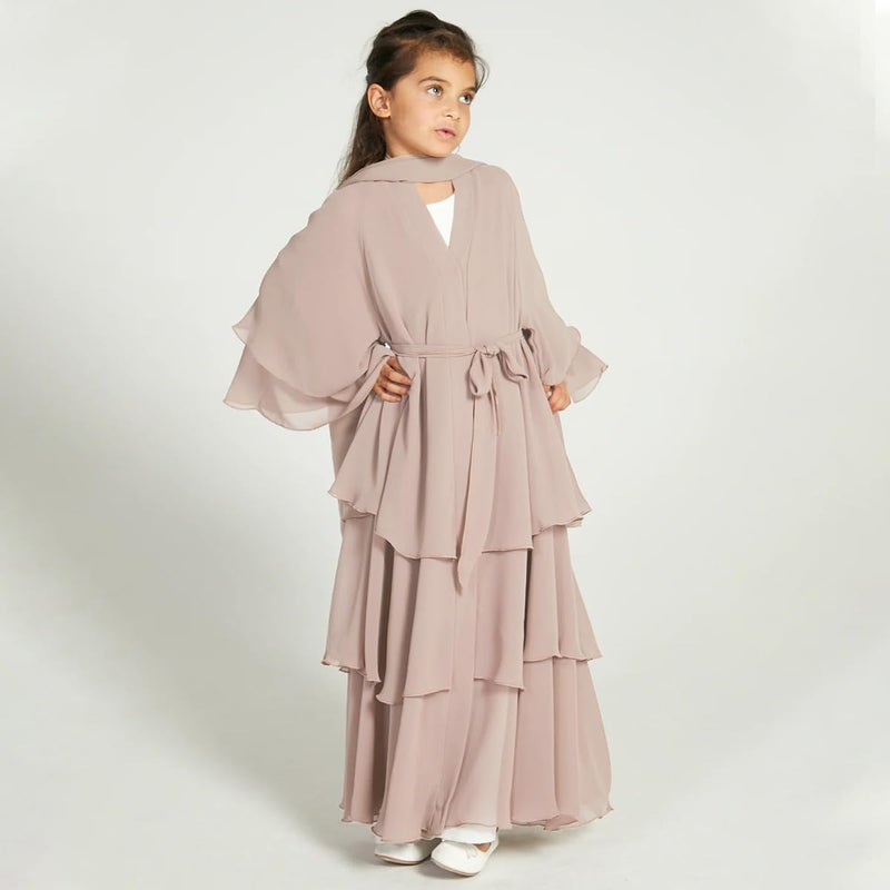 Muslim Chiffon Abaya for Girls - Open Front Cardigan Modest Dress in Champagne - Image 2