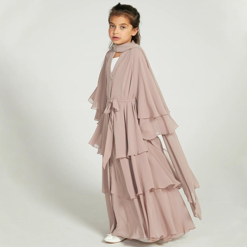 Muslim Chiffon Abaya for Girls - Open Front Cardigan Modest Dress in Champagne - Image 4