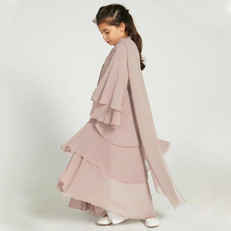 Muslim Chiffon Abaya for Girls - Open Front Cardigan Modest Dress in Champagne - Image 3