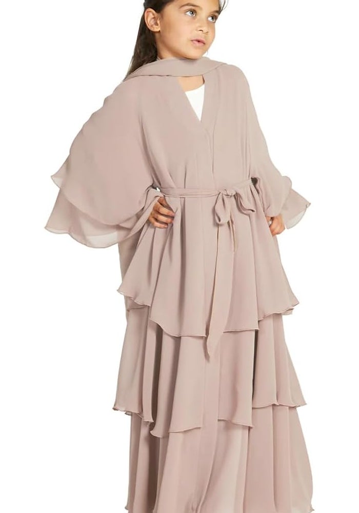 Muslim Chiffon Abaya for Girls - Open Front Cardigan Modest Dress in Champagne - Image 1